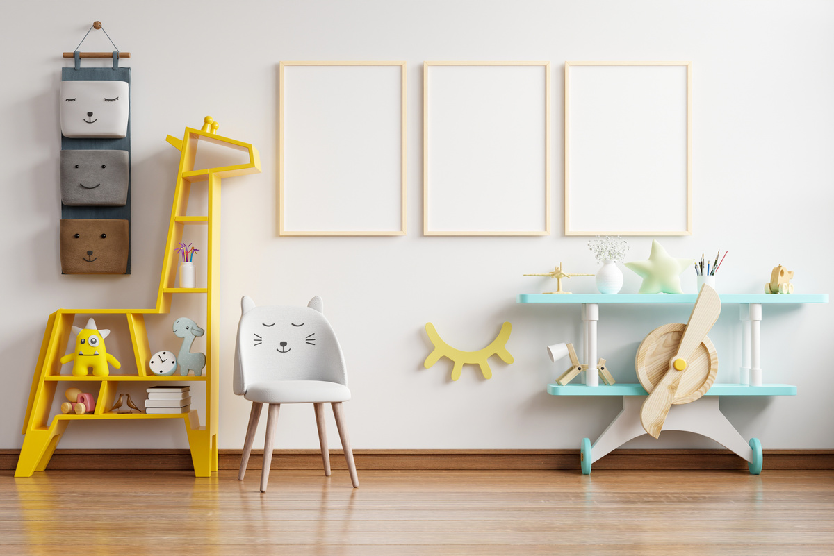 Poster Frames on a Modern Children's Playroom 3D Mockup